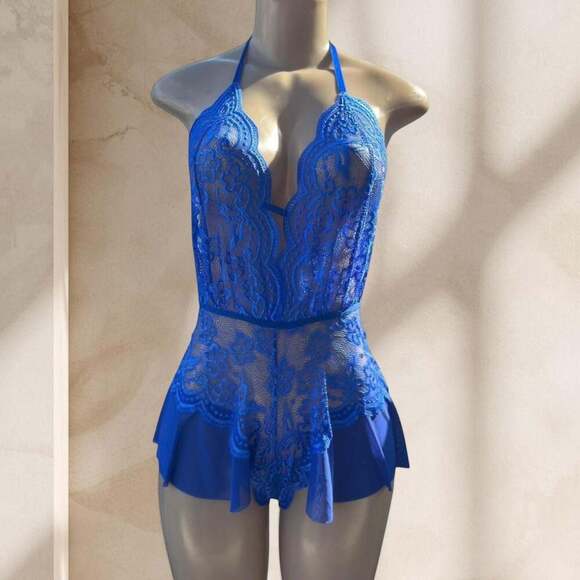 Suviafashion Other - Blue Lace Bodysuit Lingerie – Halter Deep V Sheer Ruffle Detail Sexy ✧ L